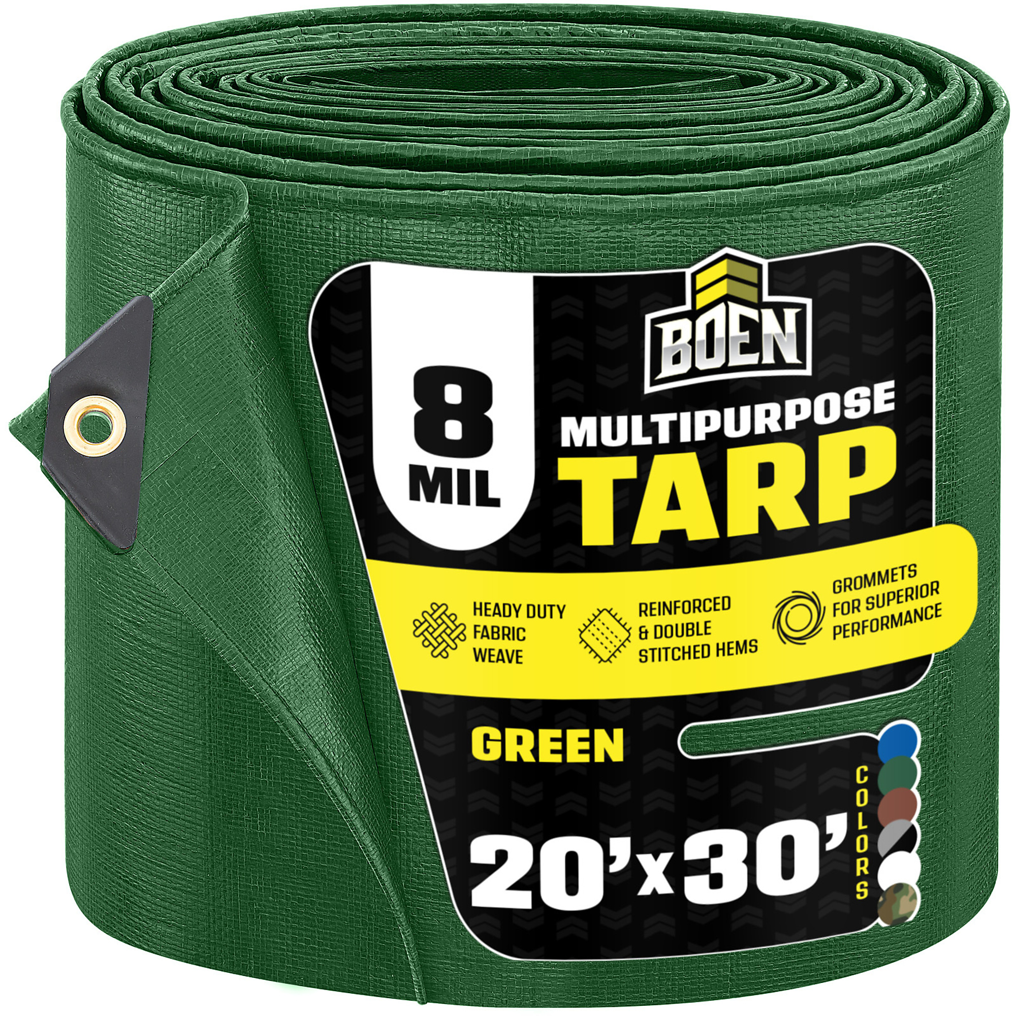 Boen 20 ft x 30 ft Green Tarp, 8 Mil Thick Multi-Purpose Large Waterproof Cover, Rip Proof Tarps, Thick Weave Material, UV Resistant Great for Tarpaulin Canopy Tent, Boat, RV or Pool Cover